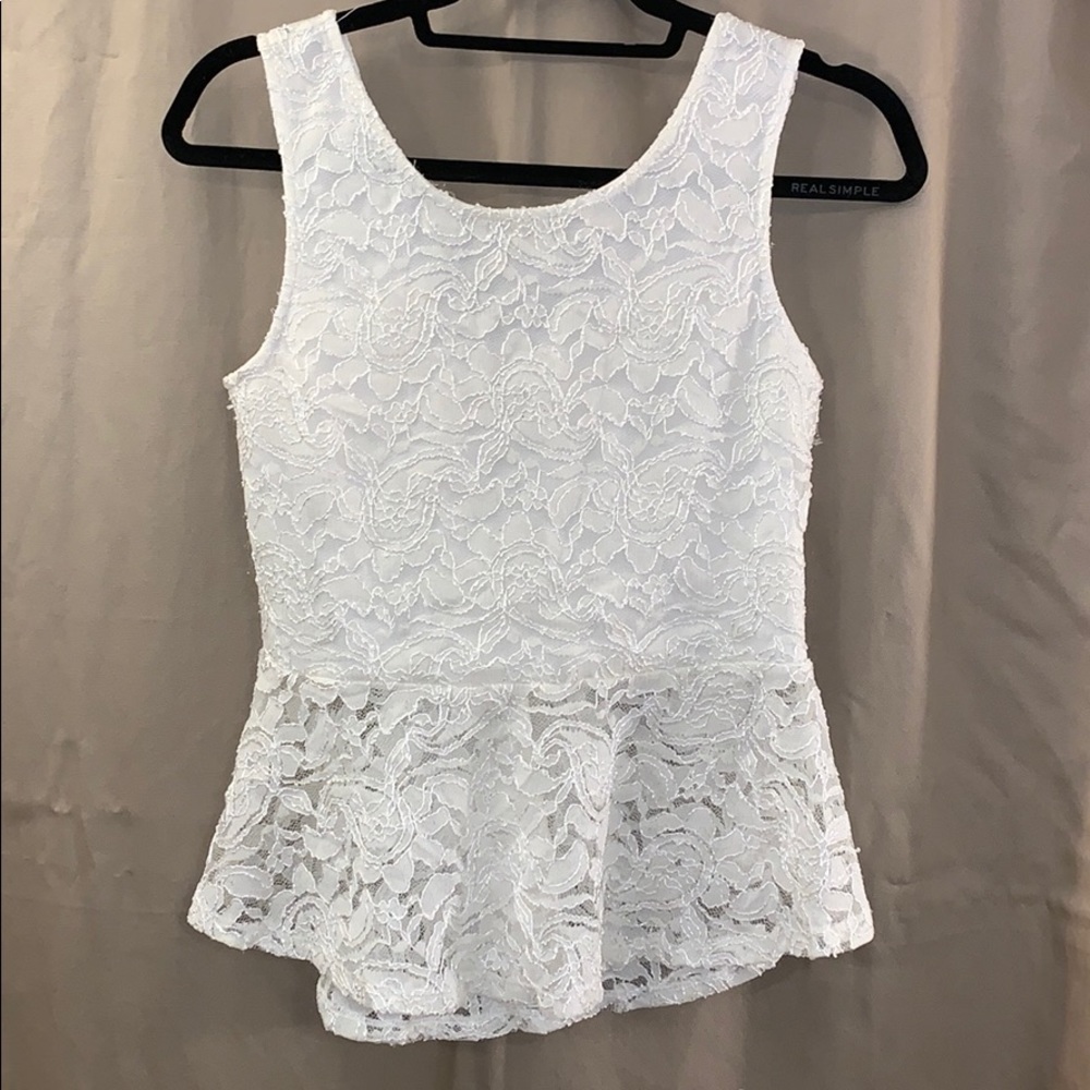 White Lace Peplum Top with Bow Back